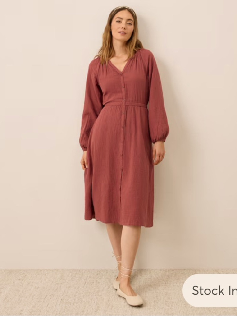 Long Sleeve Button-Front Midi Dress in Dusty Rose